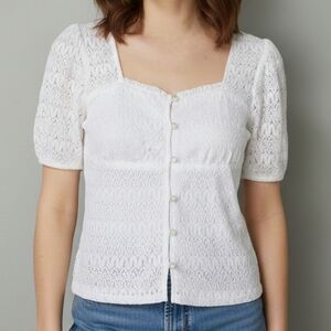 The General Good White Lace Button Front Top Short Sleeve - Size L NWOT